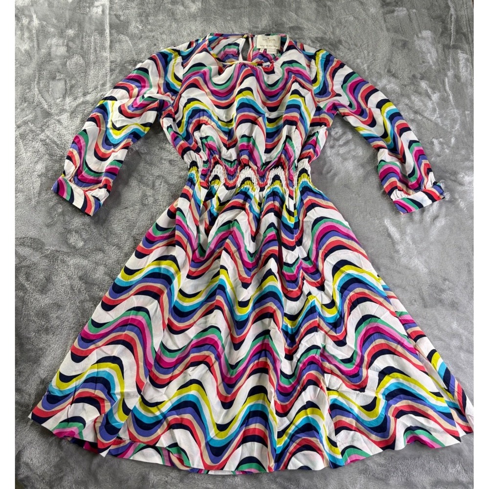 Kate Spade New York Wavy Rainbow Stripe Smocked Waist Dress Womens Size 0 Silk